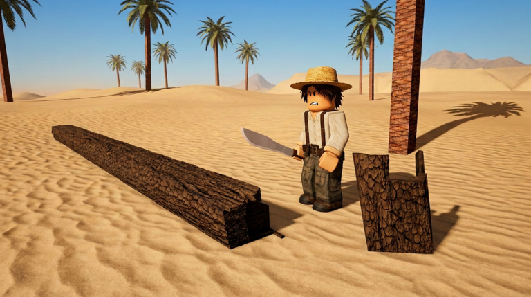 Official still: an avatar in a straw hat cuts a palm with a machete in noon desert light.